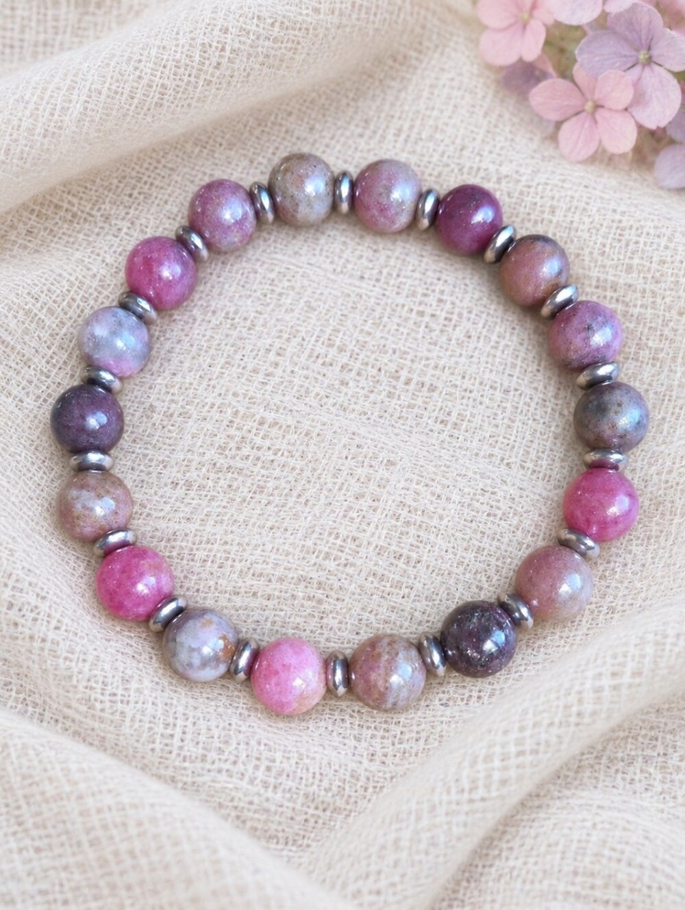 African Rhodonite Beaded Stretch Bracelet | Handmade